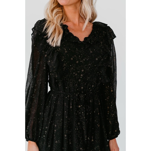 NWOT By The River Star Print Shirred Chiffon Ruffle Midi Long Sleeve Dress Black - Picture 5 of 11